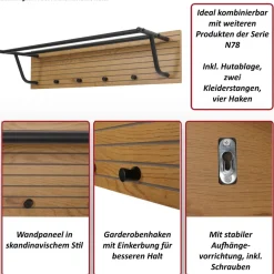 Wandgarderobe HWC-N78, 2 Stangen 4 Haken skandinavischer Stil Metall Holz Melamin MVG