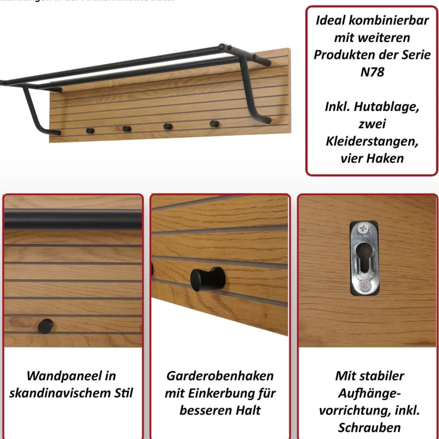 Wandgarderobe HWC-N78, 2 Stangen 4 Haken skandinavischer Stil Metall Holz Melamin MVG