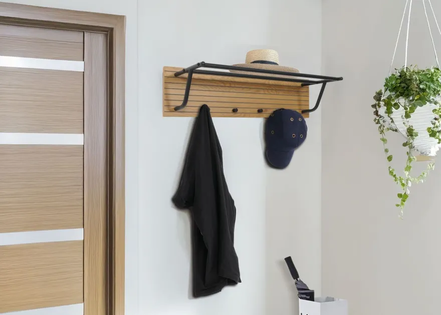 Wandgarderobe HWC-N78, 2 Stangen 4 Haken skandinavischer Stil Metall Holz Melamin MVG