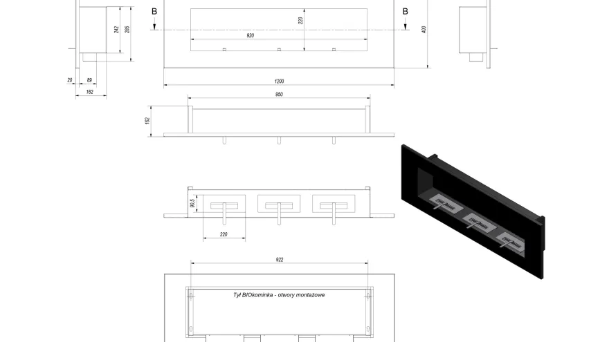 Wandkamin Bioethanol DELTA 3 TÜV schwarz