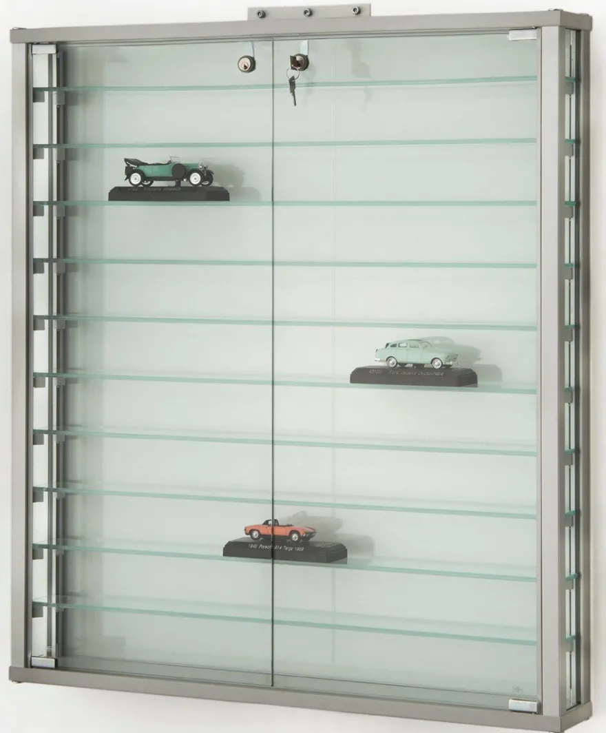 Wandvitrine IP Sammlervitrine Glas Wand hängend Alu abschließbar & Spiegel 80 cm