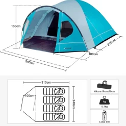 Wasserdichtes Kuppelzelt für 4 Personen mit Vorzelt Blau Camping Zelt