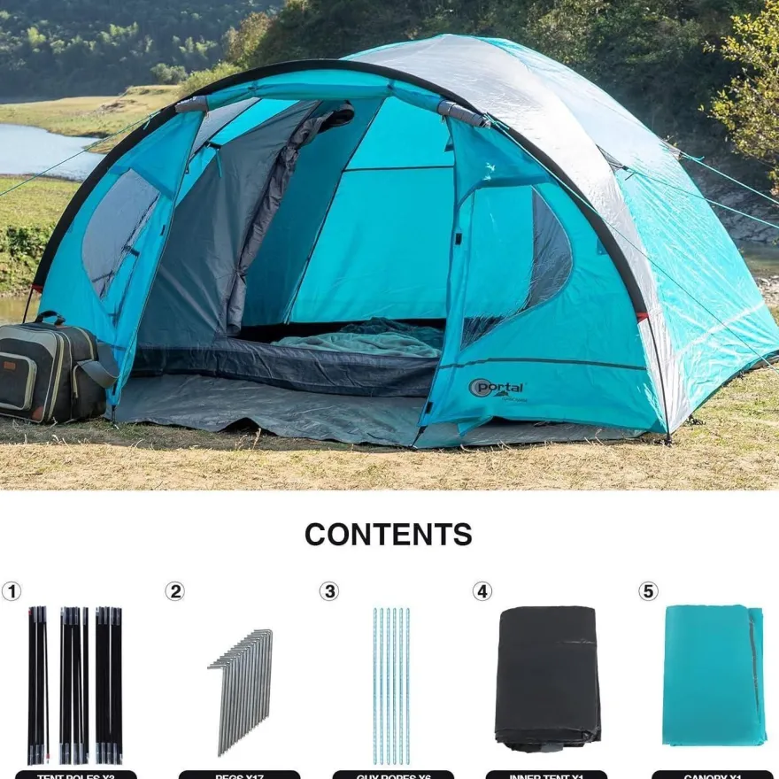 Wasserdichtes Kuppelzelt für 4 Personen mit Vorzelt Blau Camping Zelt