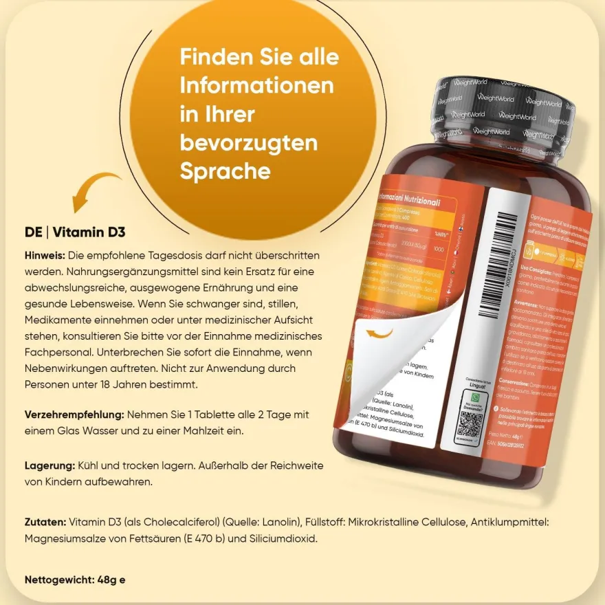 WeightWorld Vitamin D3 2000 I.E. - 400 Tabletten - 1 Tablette alle 2 Tage