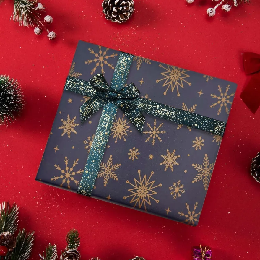 Weihnachtsgeschenkpapier Blaue Kraftpapierrolle 43cm x 15m Goldene Schneeflocke