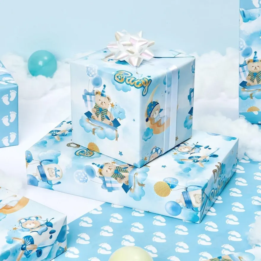 Wernnsai Geschenkpapier mit Teddybären, Sternen und Wolken - Ideal für