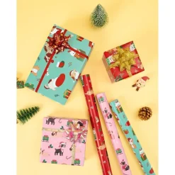 Wernnsai Geschenkpapier 3 Rollen für Kinder, Weihnachten Hunde-Motive, Rot