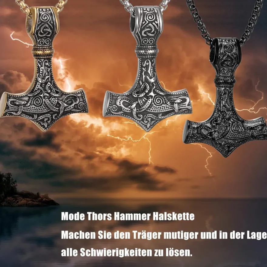 Wikinger Thors Hammer Halskette Edelstahl Runen 50/60/70cm Silber/Schwarz/Gold