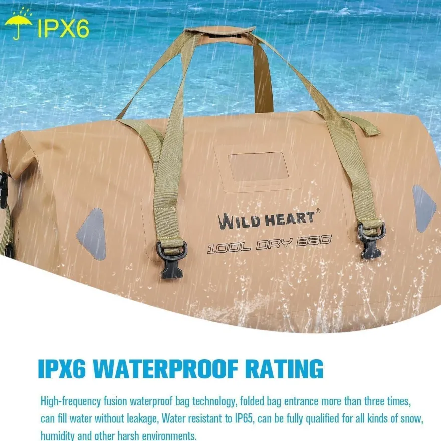 WILD HEART wasserdichte Reisetasche 100L Khaki - Ideal für Outdoor-Abenteuer