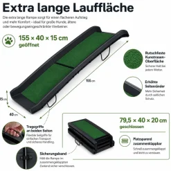 Wiltec Hunderampe 155x40cm 75kg faltbar Kunstrasen Einstiegshilfe Autorampe Hund