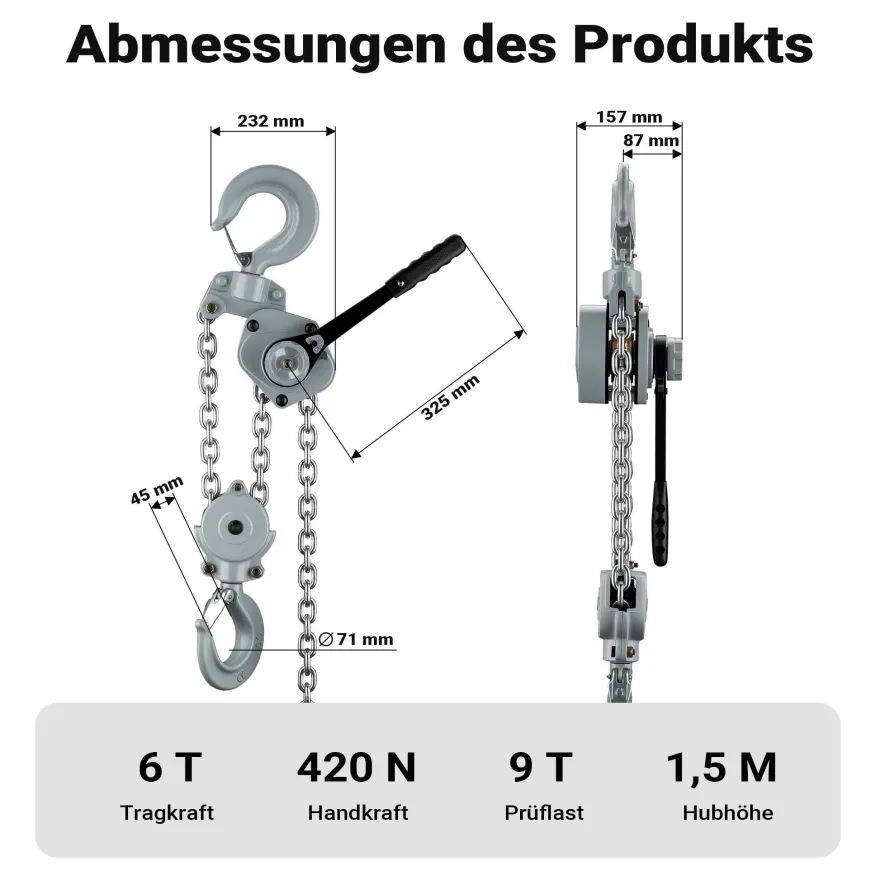 Wiltec Mini Hebelzug bis 6t Handkettenzug 1,5m Hubhöhe Kettenzug Hebezeug