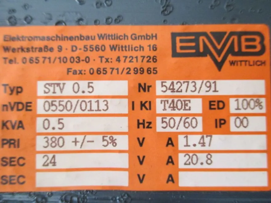 Wittlich Transformator STV 0,5 Trafo pri.380 + / - 5% sek.24V 500 VA T9/667