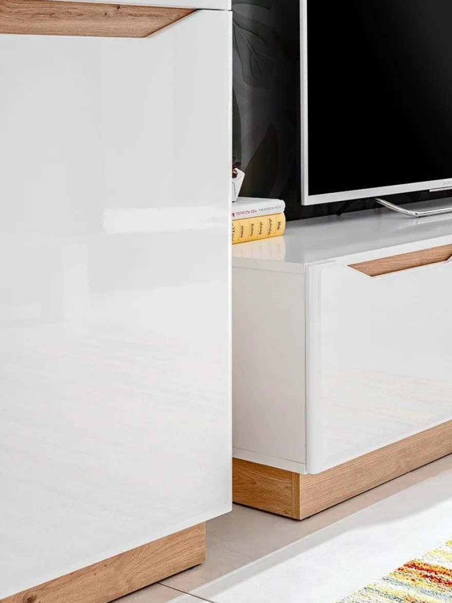 Wohnwand Modern FAME Wohnzimmer Wand TV Schrank Vitrine Regal Glass Schwarz Weiss LED