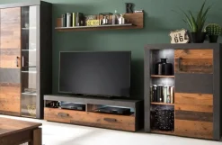 Wohnwand Schrankwand Old Used Wood und grau Wohnzimmer Vintage Indy mit Beleuchtung