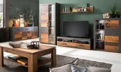 Wohnwand Schrankwand Old Used Wood und grau Wohnzimmer Vintage Indy mit Beleuchtung
