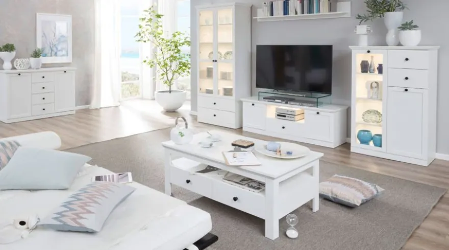 Wohnwand weiß Landhaus Wohnzimmer Schrankwand 370 cm Vitrine Beleuchtung Baxter