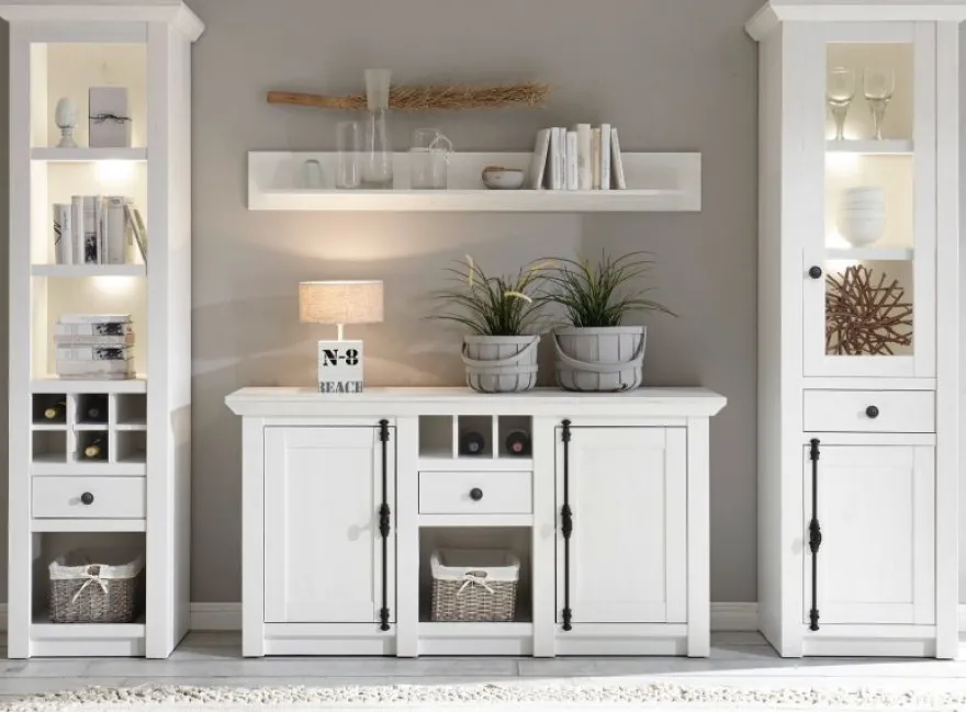 Wohnzimmer Wohnwand Pinie weiß Schrankwand mit Sideboard Landhaus Hooge 293 cm