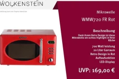 Wolkenstein MW 720 FR Retro Mikrowelle Rot – 20 Liter, 700 Watt