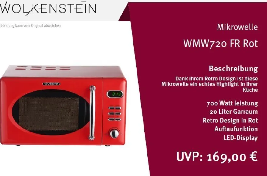 Wolkenstein MW 720 FR Retro Mikrowelle Rot – 20 Liter, 700 Watt