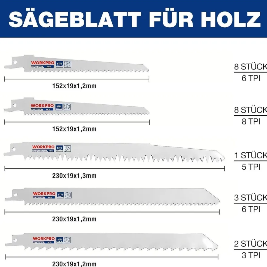Workpro 32-tlg. Sägeblatt Set Holz Metall Kunststoff Säbelsäge Handtasche
