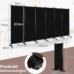 334,5 x 172 cm Raumteiler auf Rollen, Paravent 6-teilig, Trennwand faltbar, aus Stoff