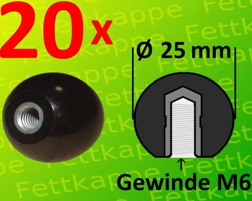 20 x Kugelknopf M6 Ø25mm schwarz - Stahlgewinde Kugelkopf Hebelknopf Schaltknauf