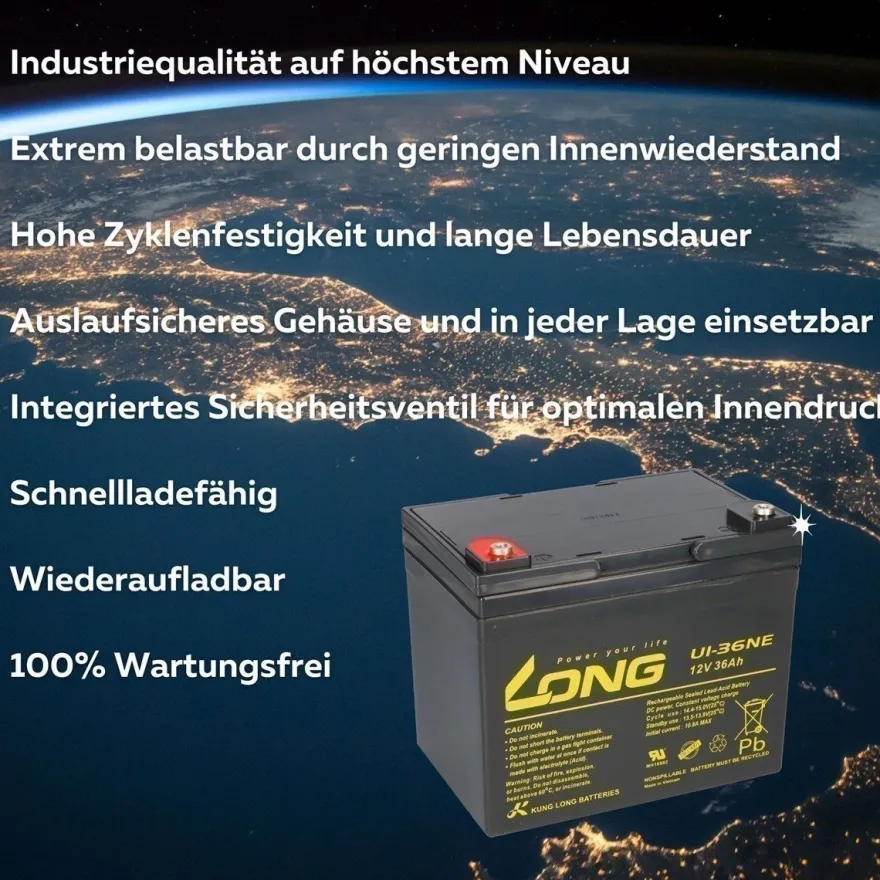 2x Kung Long U1-36NE AGM-Akkus 12V 36Ah (24V) – für Invacare Mistral