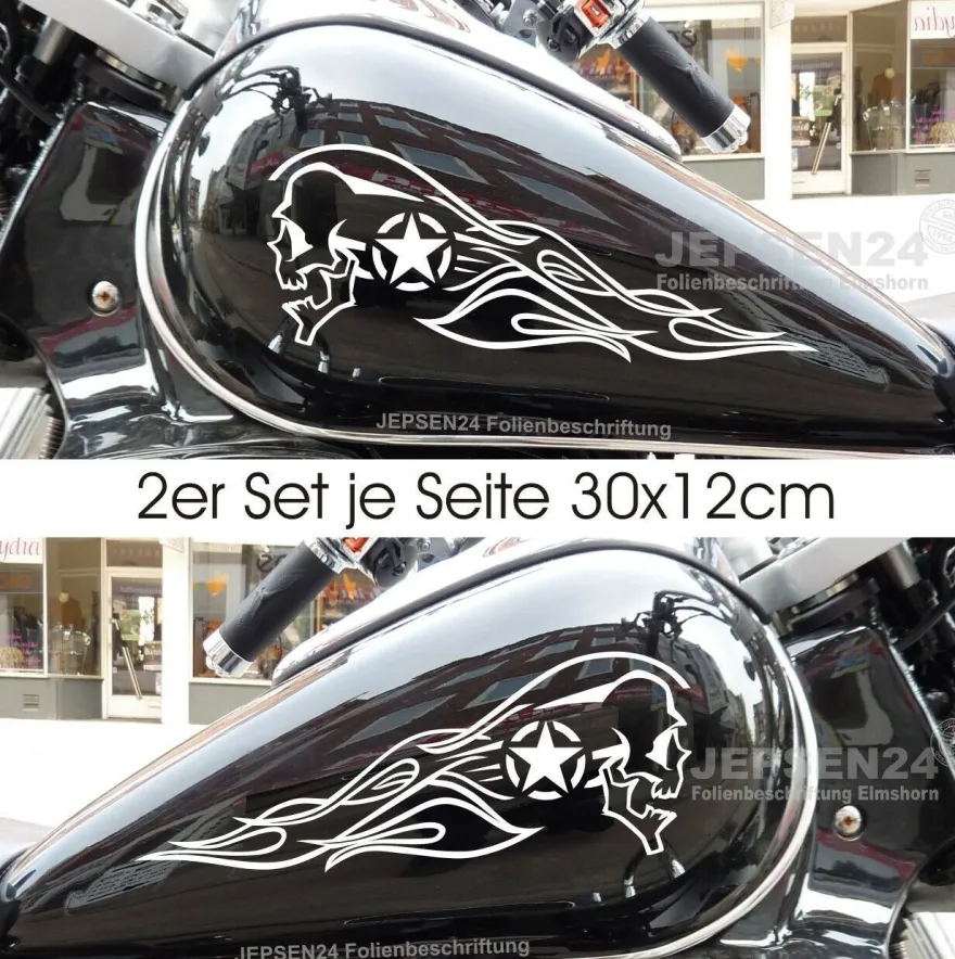 2x Motorrad Aufkleber Scull Totenkopf Flame Set 2 Stern - 30cm Farbwahl