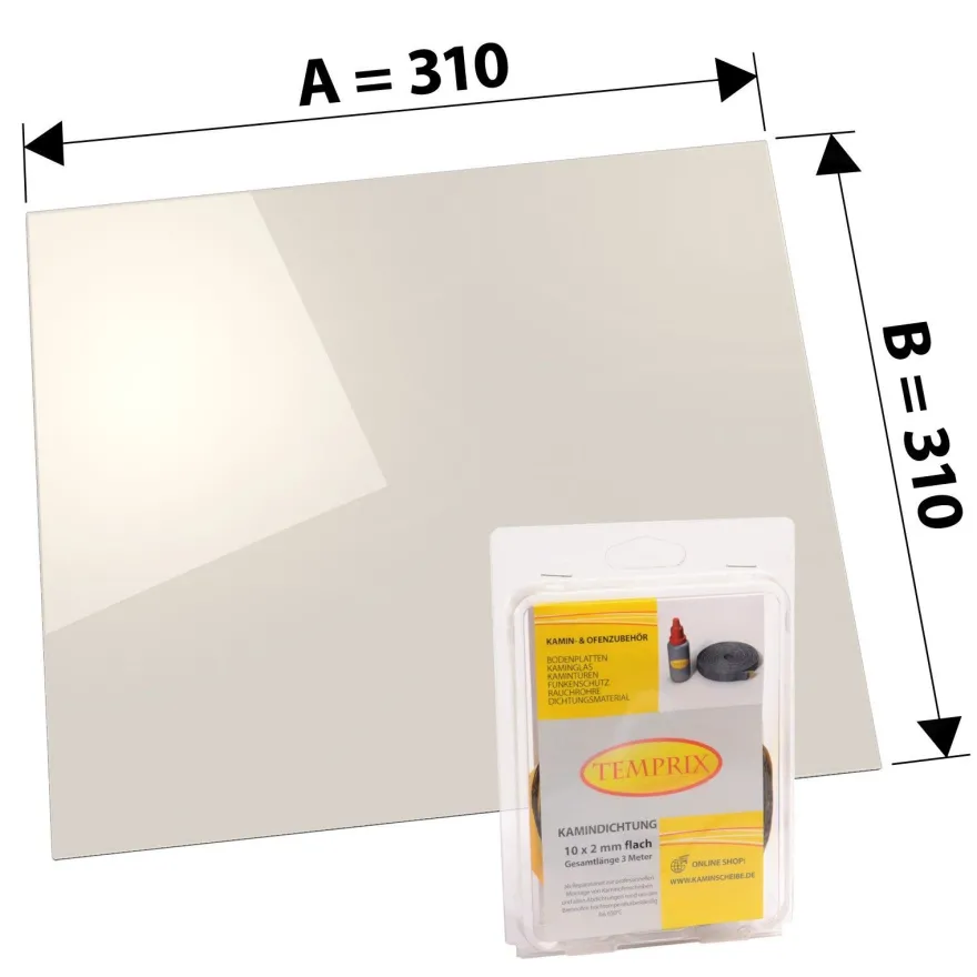 310 x 310 x 4 mm Kaminglas ohne/mit Dichtungsset Ofenscheibe plan für Ofen Kamin