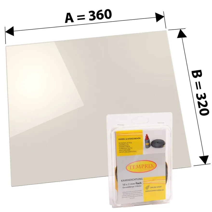 360 x 320 x 4 mm Kaminglas ohne/mit Dichtungsset Ofenscheibe plan für Ofen Kamin