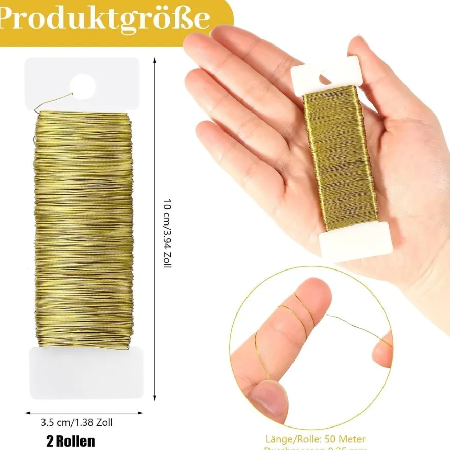 Yafe Basteldraht Gold, 2 Rollen (2x 50m) x 0,35mm - Blumendraht, Schmuckdraht