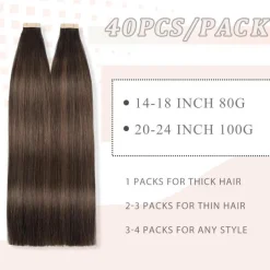 YDDM Tape Extensions Echthaar Balayage Braun 40cm 80g Dunkelbraun mit Chestnut