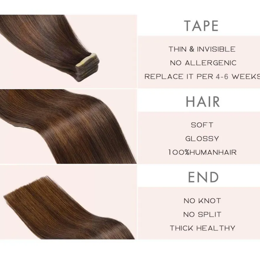 YDDM Tape Extensions Echthaar Balayage Braun 40cm 80g Dunkelbraun mit Chestnut