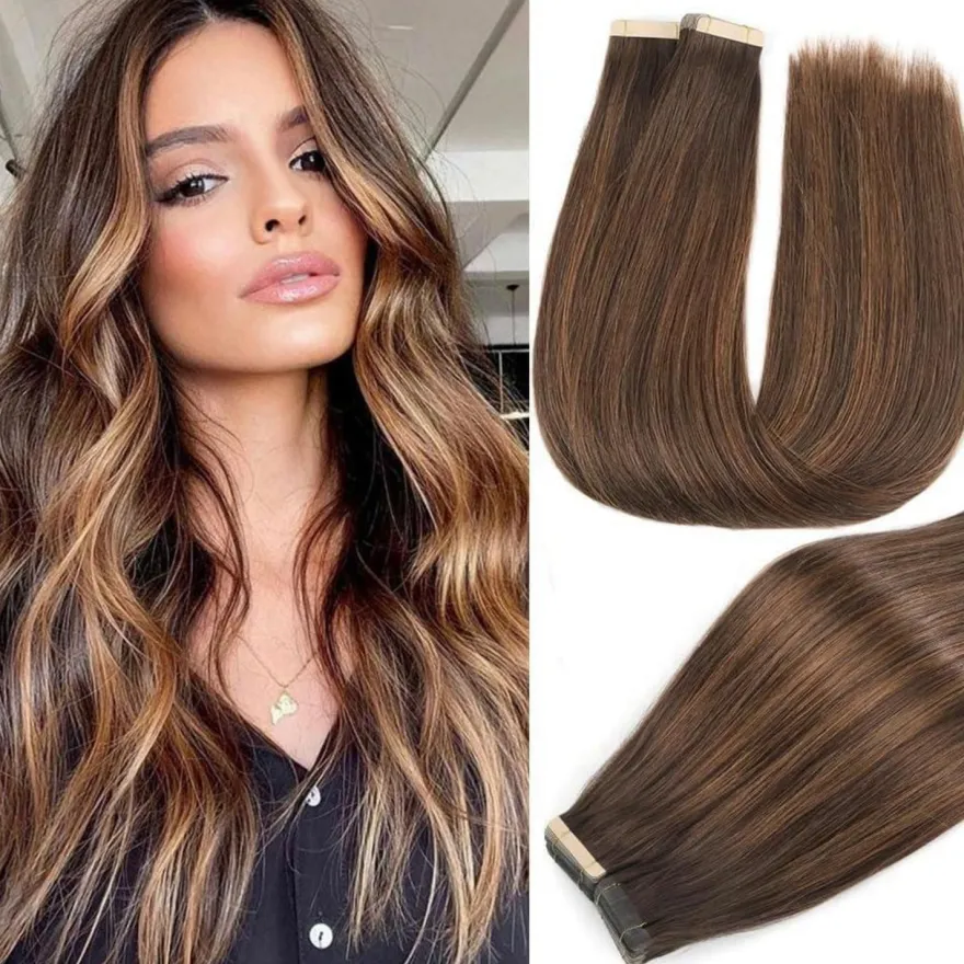 YDDM Tape Extensions Echthaar Balayage Braun 40cm 80g Dunkelbraun mit Chestnut
