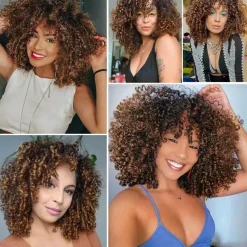 Yeeshedo Afro Perücke Dunkelbraun mit Braunen Highlights, Kinky Curly Synthetik