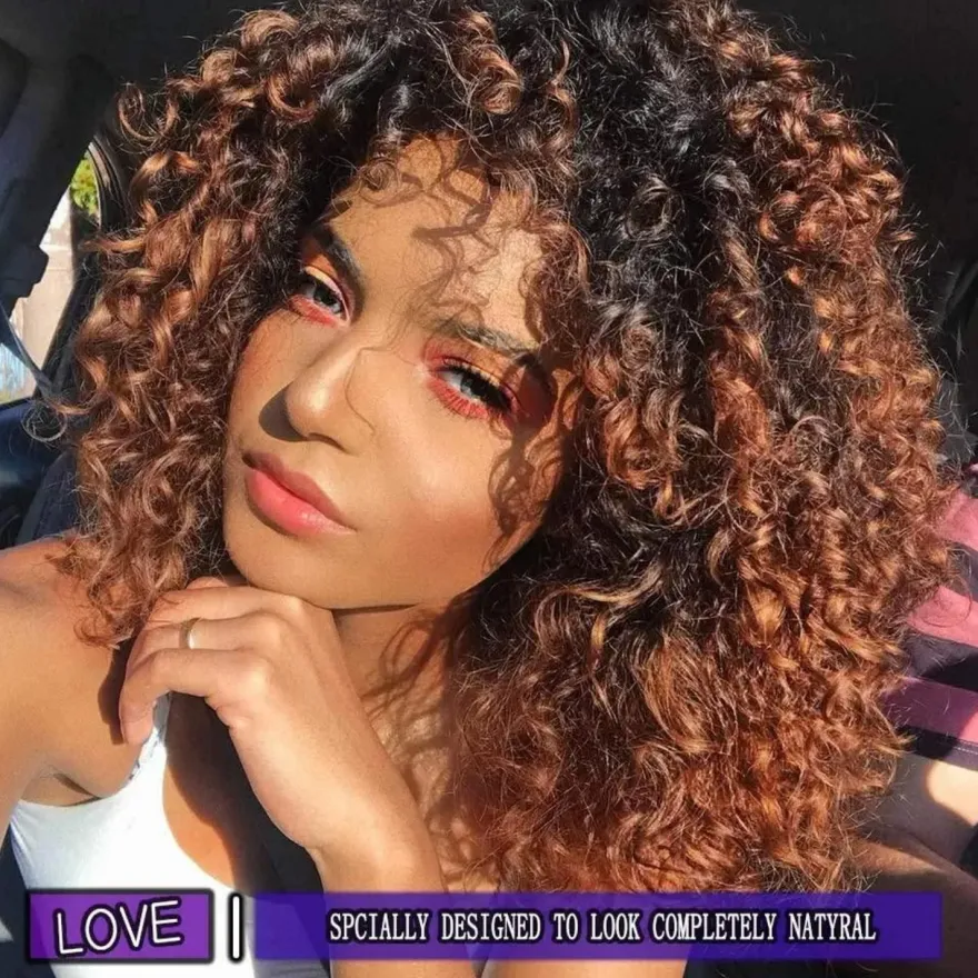 Yeeshedo Afro Perücke Dunkelbraun mit Braunen Highlights, Kinky Curly Synthetik