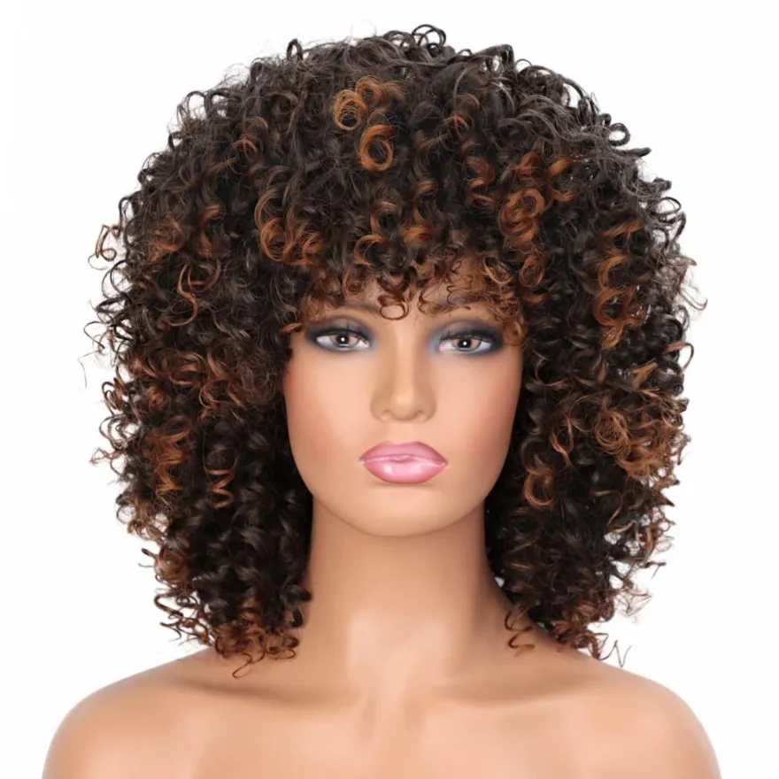 Yeeshedo Afro Perücke Dunkelbraun mit Braunen Highlights, Kinky Curly Synthetik