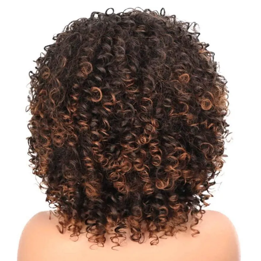 Yeeshedo Afro Perücke Dunkelbraun mit Braunen Highlights, Kinky Curly Synthetik