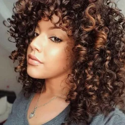 Yeeshedo Afro Perücke Dunkelbraun mit Braunen Highlights, Kinky Curly Synthetik