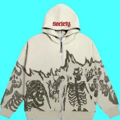 Y2K Emo Men Streetwear Vintage Skull Hoodie Zip Up Hoodies Grunge Oversized