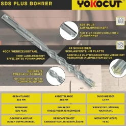 Yokocut SDS Plus Bohrer 12x460 mm, 4X Schneiden Hammerbohrer für Beton