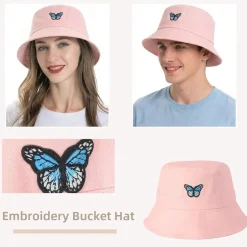 ZLYC Bestickter Fischerhut für Damen und Herren, Sommerhut mit Schmetterling