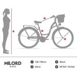 28 Zoll Damenfahrrad MILORD Citybike Mit Korb Stadtrad Vintage Schwarz Fahrrad 3 Gäng