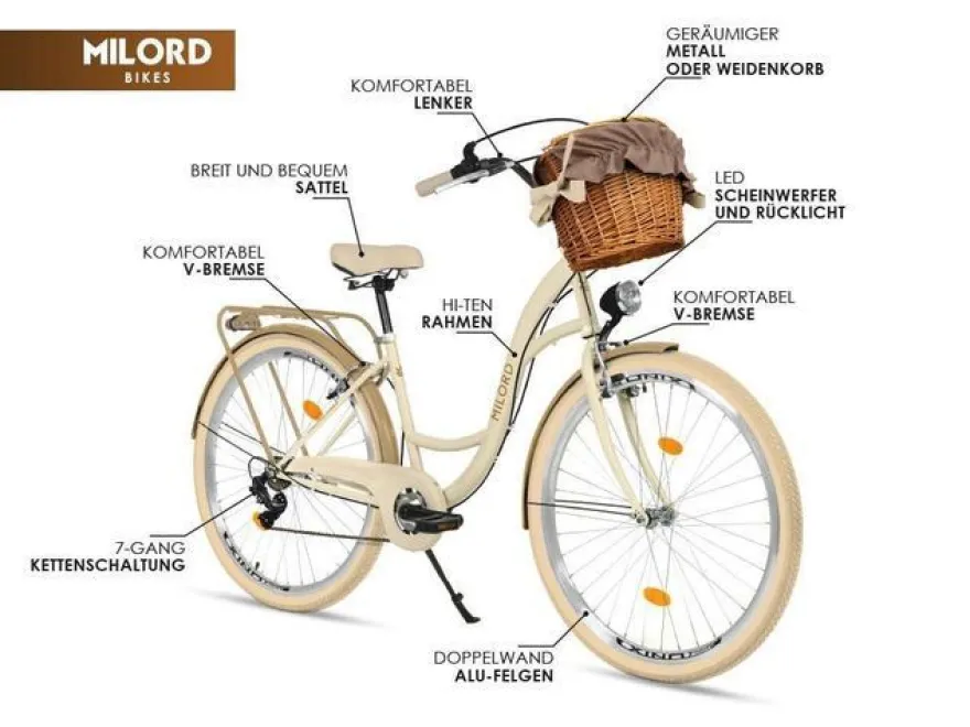 26 Zoll Damenfahrrad MILORD Citybike Mit Weidenkorb Vintage Rosa Fahrrad 7 Gänge