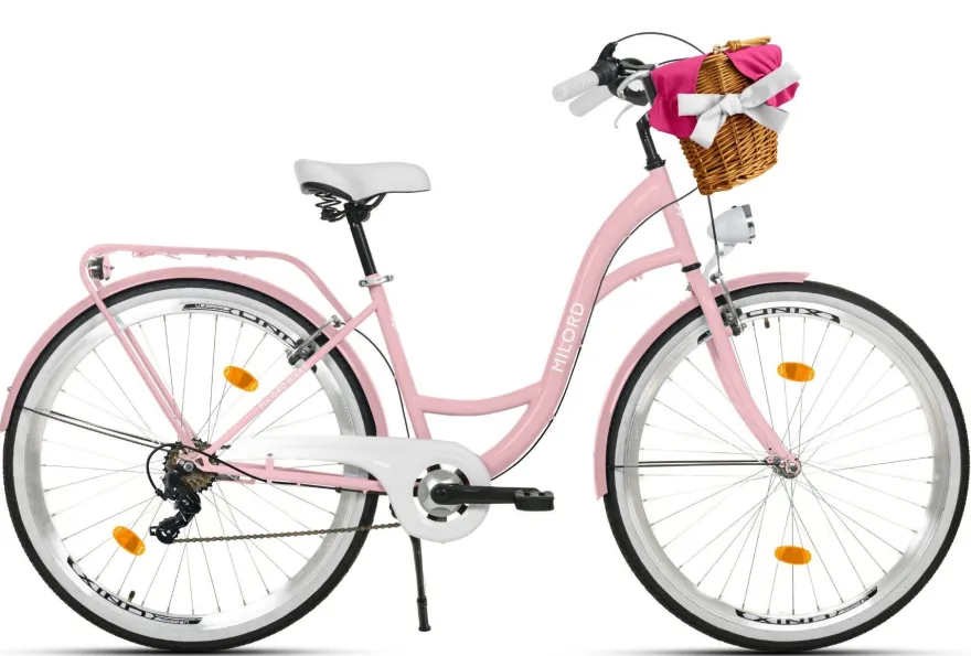 26 Zoll Damenfahrrad MILORD Citybike Mit Weidenkorb Vintage Rosa Fahrrad 7 Gänge
