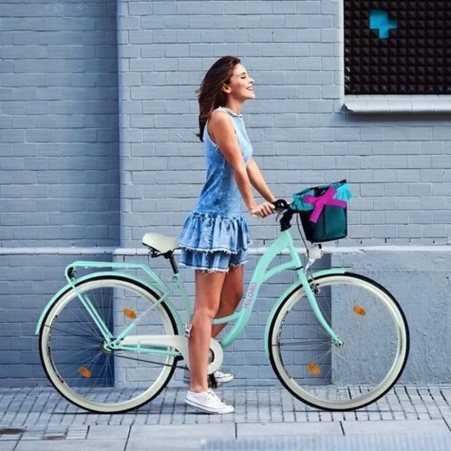28 Zoll Damenfahrrad MILORD Citybike Mit Weidenkorb Stadtrad Blau Fahrrad 1 Gang