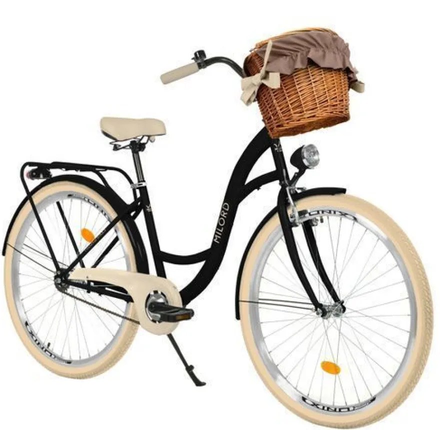 26 Zoll Damenfahrrad MILORD Citybike Mit Weidenkorb Schwarz-Creme Fahrrad 1 Gang