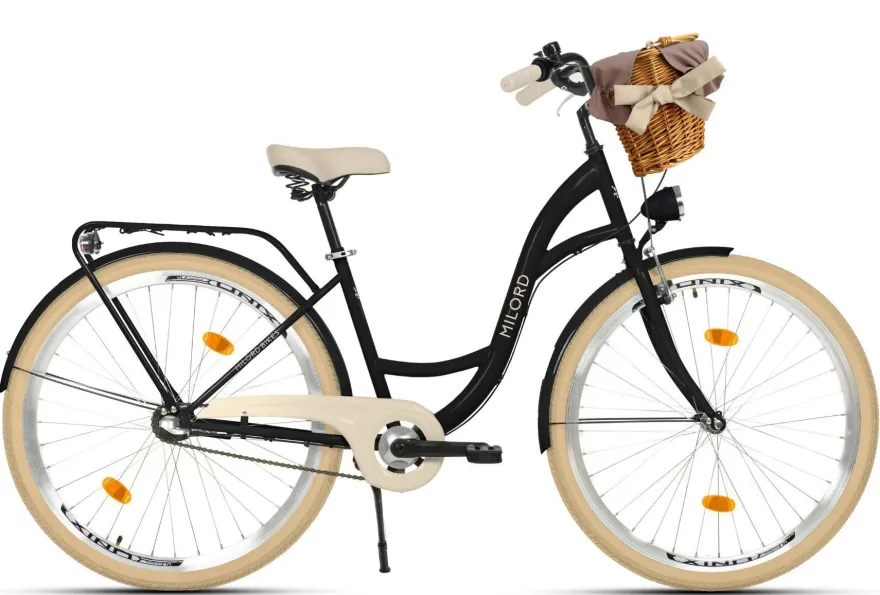 26 Zoll Damenfahrrad MILORD Citybike Mit Weidenkorb Schwarz-Creme Fahrrad 3 Gang
