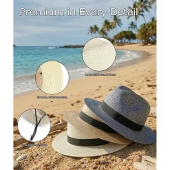 Zylioo Sonnenhut Strohhut Panama Stil für große Köpfe, UV Schutz, Kinnriemen