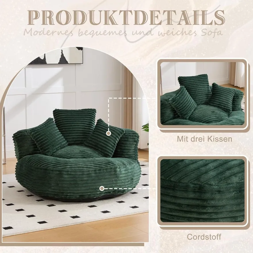 Zyloyal10 Lazy Sofa Lounger mit 3 Kissen, hoher Rücken, für Erwachsene